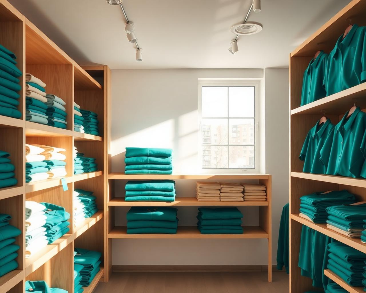Bright showroom with folded corporate uniforms